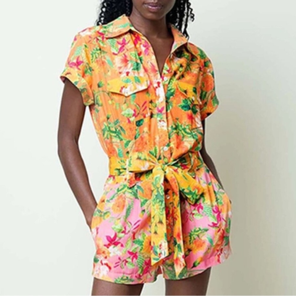 Floral Tie-Waist Short Jumpsuit - Orange & Pink